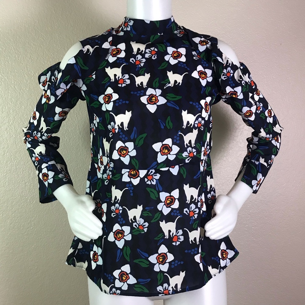 TOPSHOP NAVY FLORAL & CAT PRINT LONG SLEEVE TOP